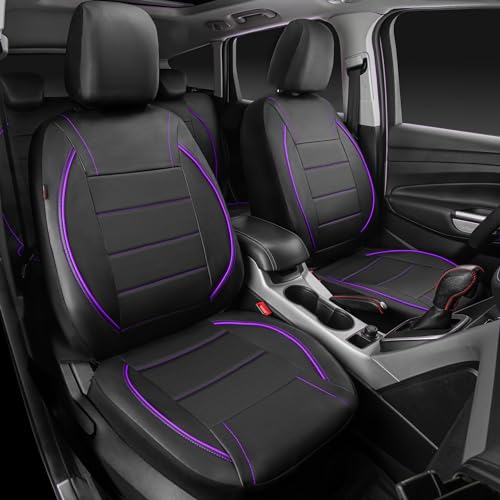 CAR PASS Piping PU Leather Car Seat Cover,Inside Zipper Design and Reserved Opening Holes Airbag Compatible,Universal FIT for Car, SUVs,Van,Trucks,Full Set, Black & Purple - color: Black and Purple