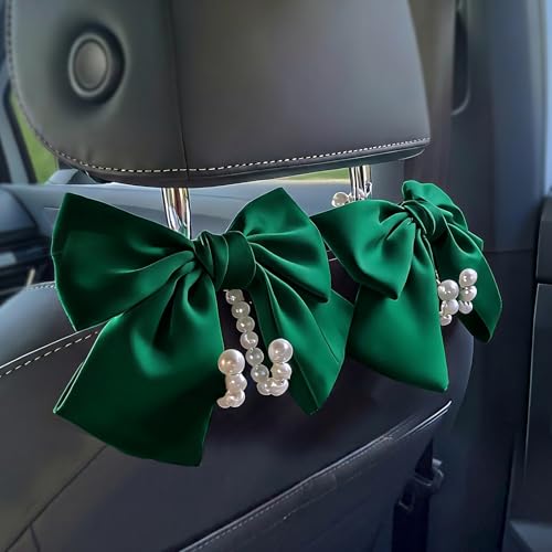 2 PCS Bow Pearl Car Seat Headrest Hook – Cute Purse Hook for Car, Girly Interior Decoration Accessories Hook Hanger, Seatback Holder for Purses & Bags, Elegant Car Organizer (Galactic Green) - color: Galactic Green