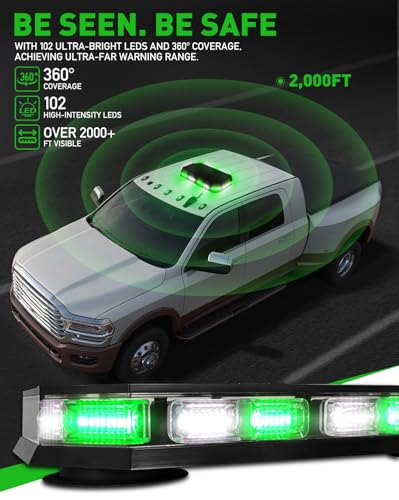 HLauto 406D Rooftop Emergency Strobe Lights Bar, 102 LED Green White Mini Beacon Safety Flashing Warning Traffic Lights Bar w/Magnetic Base for 12-24V Trucks, Construction Vehicles, Snowplow, Cars - color: Green/White