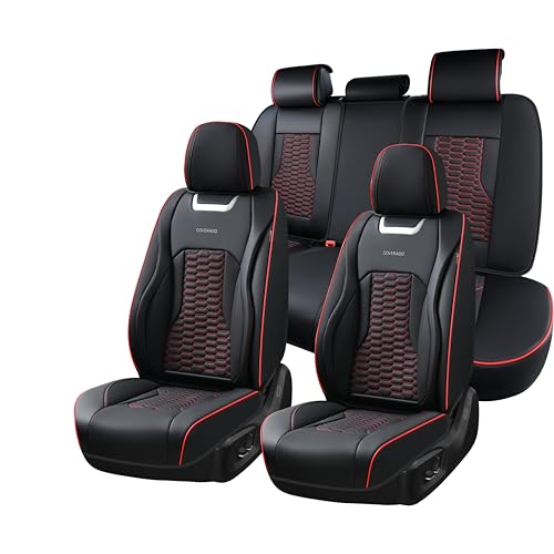 Coverado Car Seat Covers Full Set, 5 Seats Nappa Leather Seat Covers for Cars, Waterproof Automotive Car Seat Covers Interior Accessories Universal Fit Most Cars(Black&Red) - color: Black&Red, size: FullSet