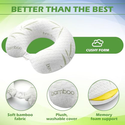 Bamboo Memory Foam Travel Pillow Set for Airplanes Head Support Neck Pillow for Sleeping Travel Headrest for Cars Planes Machine Washable Cover