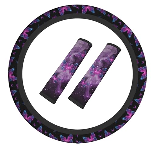 Purple Butterfly Steering Wheel Cover Elastic Non-Slip Car Steering Wheel Covers with Seat Belt Shoulder Pad For Women Men - color: Butterfly