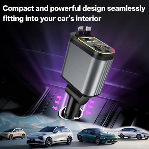 Retractable Car Charger, 4 in 1 Fast Charging Car Charger USB-C & USB-A Compatible with iPhone 16/15/14/13/12/11/X,Galaxy,Pixel - color: dark gray(red starry sky light)
