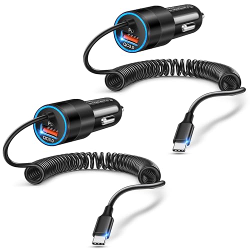 2-Pack 38W Car Charger USB C for iPhone 16 Pro Max Plus, Dual-Port USB-C+USB-A Cigarette Lighter Adapter Fast Charging Phone Plug with 4FT Type C Coiled Cable for iPhone 17/16e/15/S25/S24, Pixel - color: 2-Pack Black