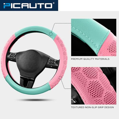 PIC AUTO Massage Steering Wheel Cover, Pink Football Pattern Material Spliced & Light Green Leather Car Steering Wheel Cover, Car Steering Cover, Universal Fit 14.5"-15.5" for Cars, Trucks, Van, SUVs - color: Light Green