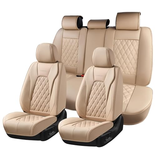 Coverado Leather Seat Covers, Car Seat Cover Full Set, 5 Seats Beige Seat Covers, Automotive Seat Covers Waterproof Car Seat Cushion Protectors Universal Seat Cover Fit for Most Cars Trucks SUV - color: Beige(Grid), size: FullSet