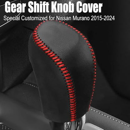 XITER with Murano Logo for Genuine Leather Gear Shift Knob Cover Car Protect Accessories Case for Nissan Murano 2015-2024(Red Stitches) - color: Red Stitches