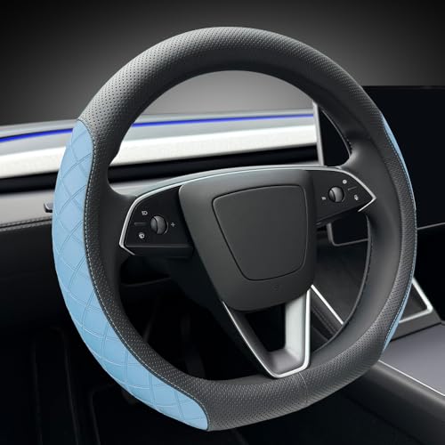 LKWLIKEI Leather Steering Wheel Cover. Elegant Diamond Checkered Design, Non-Slip and Breathable, for Tesla Model 3/Y Steering Wheel Protector,Black Blue - color: Black Blue