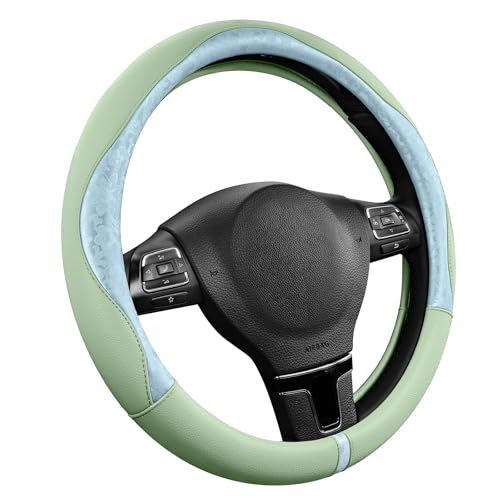 PIC AUTO Steering Wheel Cover, Light Blue Patterned & Green Leather Patchwork Design, Universal Fit 14.5"–15.5", Anti-Slip, Odor-Free, Soft Grain Leather, Durable Grip Car Accessory for Girls & Women - color: Light Blue & Green