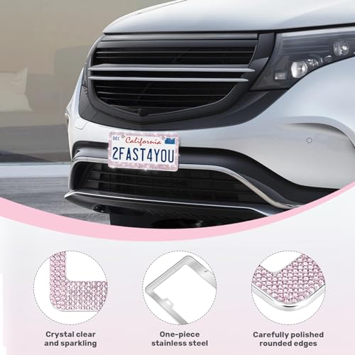 QUANQIUFEI 2 Pack Bling License Plate Frames, Sparkly Rhinestone Diamond Car License Plate Cover for Women, Stainless Steel Car Accessories with Glitter Crystal Caps (Light Rose) - color: Light Rose
