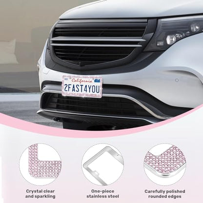 QUANQIUFEI 2 Pack Bling License Plate Frames, Sparkly Rhinestone Diamond Car License Plate Cover for Women, Stainless Steel Car Accessories with Glitter Crystal Caps (Light Rose) - color: Light Rose