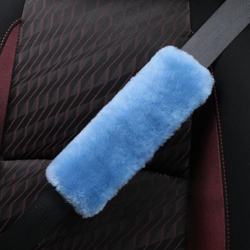 AOGELAN Fluffy Fuzzy Genuine Sheepskin Car Seat Belt Covers for Soft Auto Lambswool Seatbelt Pads, Shoulder Strap Cushion Adults Kids (2, Blue) - color: Blue