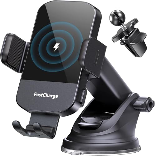 CHGeek Wireless Car Charger, 15W Fast Charging Auto Clamping Phone Holders Phone Mount fit for iPhone 17 16 15 14 13 12 Pro Max 11 XR XS, Samsung Galaxy S25 Ultra S24 S23, Black - color: Black