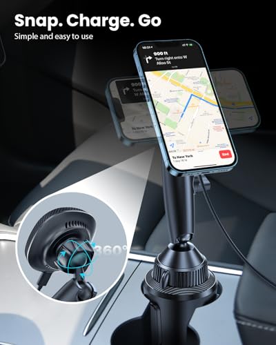EXELIQ Cup Holder Charger Mount for Magsafe, Wireless Magnetic Car Mount Charger with Heat Dissipation System, 15W Fast Charging Phone Holder for iPhone 17 16 15 14 13 Pro Max Mini with PD 30W Adapter