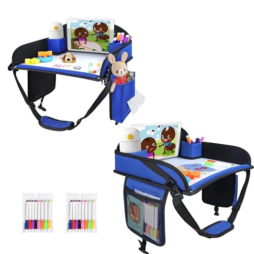 Kids Travel Tray, 2Pcs Kids Travel Trays for Car Seat, Road Trip Essentials for Toddler, Carseat Lap Tray Organizer for Road Trip, Airplane Activities for Kid, Blue - color: Blue-2PCS