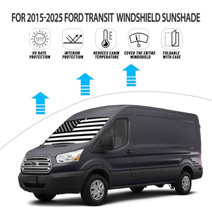 D-Lumina Windshield Sun Shade for 2015-2025 2026 Fo'rd Transit Accessories Wagon XL,Wagon XLT Cargo Vehicle, Connect Van XL, Front Window Sunshade American Flag Sun Visor Protector Blocks UV Rays Heat - size: Silver & Black-fit 2015-2025 Ford Transit