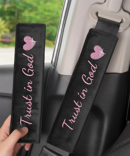 2 Pack Car Seatbelt Covers with 3 PCS Trust in God Rearview Mirror Stickers，Soft Seatbelt Cushion，All Season Pink Christian Car Accessories for Women - color: Trust in God Pink