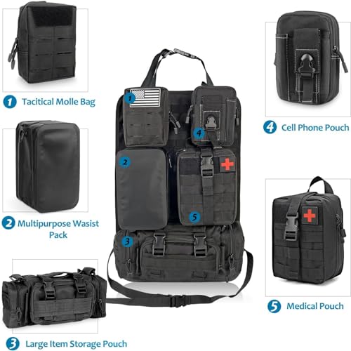 Z8 Tactical Seat Back Organizer, Universal Car Seat Back Cover with 5 Mole Bags in Different Sizes, Universal Fits All Vehicles - color: Black/waterproof bag