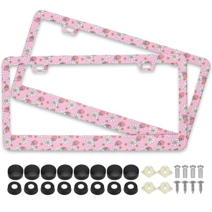 Pink Strawberry Daisy Flowers License Plate Frames, 2 Pack Strawberry Flower Car Plate Frame, Stainless Steel License Plate Holders Covers with Free Screws Fasteners Caps (Pink Strawberry Flowers) - color: Pink Strawberry Flowers