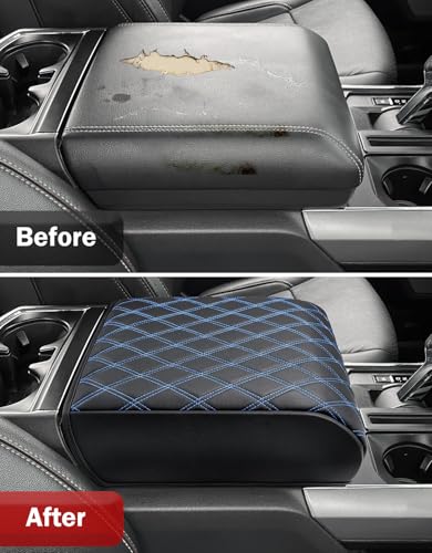 KBH Center Console Armrest Cover for 2021-2026 Ford F150, Middle Console Lid Protector, Arm Rest Box Cushion, Anti-Scratch, Black-Blue Stitch (Fits Bucket Seat Console Only) - size: Bucket Seat, 21-26 F150, Blue Stitch
