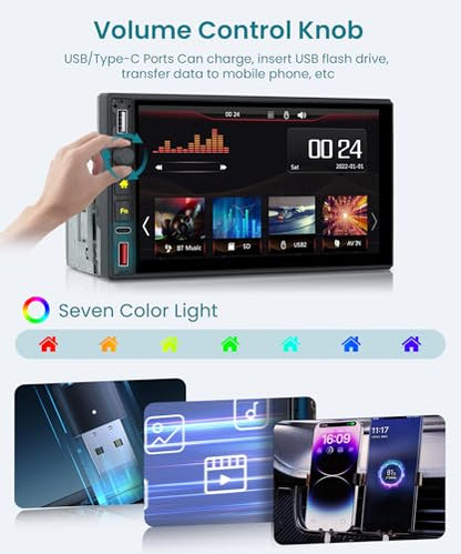 Single Din Radio Car Stereo with Wireless CarPlay & Android Auto, 7 Inch IPS Touch Screen Car Audio with Bluetooth，Mirror Link, FM,EQ, USB/Type-C/U Disk, SWC for Single Din Car Stereo - style: Dual USB & Side Buttons