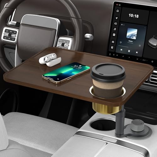 Car Desk Car Tray for Laptop & Food, Wooden Cup Holder Table with Adjustable Height, Car Accessories for Women & Men 360° Rotatable Steering Wheel Tray for Tesla Model Y/3/S, Ford F150 & Most Vehicles - color: Walnut-Rectangle