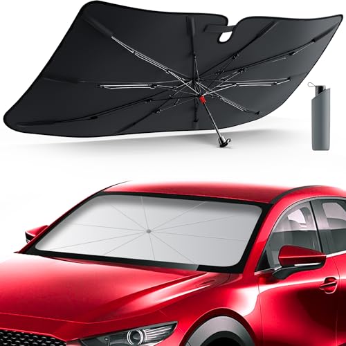 DMJN Umbrella Windshield Sun Shade - Small, Car Sunshade for Front Windshield [Nano Ice-Crystal Coatings] UPF50+ Heat & UV Block, Protect Interior & Keep Cooler Universal for Car, SUV, Truck - size: Small(53"l X 29"w)