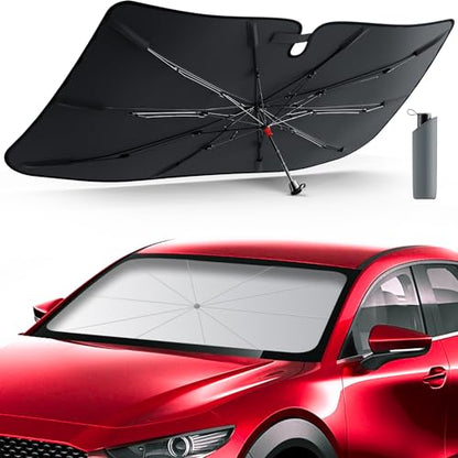 DMJN Umbrella Windshield Sun Shade - Small, Car Sunshade for Front Windshield [Nano Ice-Crystal Coatings] UPF50+ Heat & UV Block, Protect Interior & Keep Cooler Universal for Car, SUV, Truck - size: Small(53"l X 29"w)