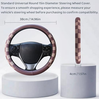 Women Checkered Steering Wheel Cover,Breathable Non-Slip PU Leather Universal 15 Inch Steering Wheel Protector,Fashion Checkerboard Car Interior Car Accessories SUV Truck Men - color: Brown