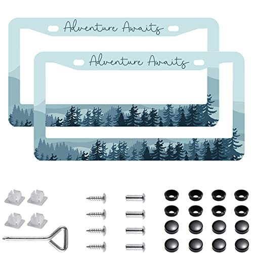 2Pcs Adventure Awaits License Plate Frames Cover Holders Stainless Steel License Plate Cover with Screw Caps Cover and Screwdriver Set - 2-Hole for Girl Women (Adventure Awaits) - color: Adventure Awaits