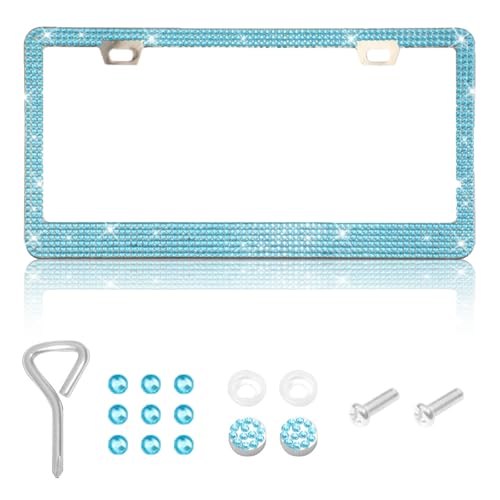 1 Pack Bling License Plate Frames, Bedazzled Sparkly Cute Water Diamond Stainless Steel，Car Accessories with Diamond Sparkle Glitter Caps，Suitable for Both Men and Women（Blue） - color: Blue, size: 1