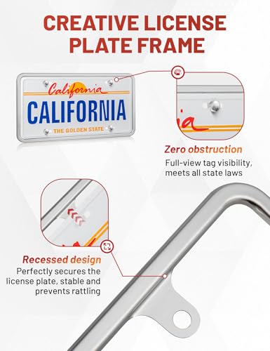 RED WOLF Chrome Polished Mirror License Plate Frame Stainless Steel Without Obstruction Car Slim Silver License Plate Holder Rustproof Unbreakable with Screws 6 x 12” Universal for Car Van (2-Pack) - style: 2-pack