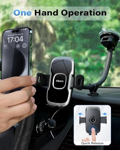1Zero Solid Car Truck Phone Mount Holder with 14-Inch Gooseneck Long Arm, Windshield Window Mobile Holders w/Industrial-Strength Suction Cup, Anti-Shake Stabilizer Compatible All Cell Phones iPhone - color: Black Mirror Surface with Silver Ring