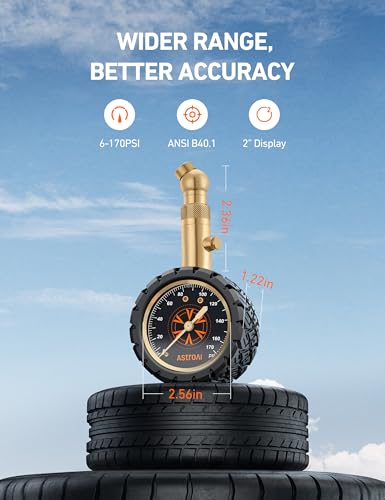 AstroAI Tire Pressure Gauge 6-170 PSI, Large 2" Easy Read Glow Dial Tire Gauge, Certified ANSI B40.1(1%) Accurate, Compatible for Bicycle, Car, SUV, Truck & Motorcycle