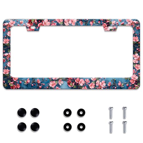 Personalized License Plate Frame Cherry Blossom Stainless Steel Accessory Pink Flower License Plate Holder Funny Car Decorative 2 Holes Fits Us Standard License Plates 12.2 X 6.3 in for Men Women - color: Cherry Blossom