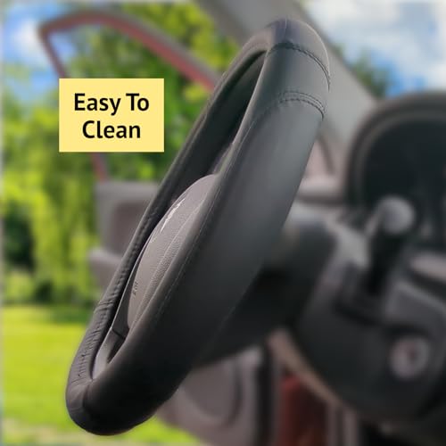 Steering Wheel Cover, Black, Real Genuine Leather, 15 inch, for Men and Women, Universal, Stretch On, Heat Resistant, Stays Cool, Non-Slip, HANWOLF - color: Black, size: Medium (14.5 to 15.375 inch diameter)