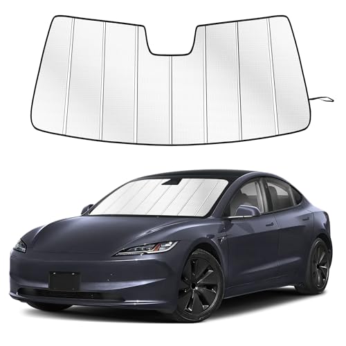 Windshield Sun Shade for Tesla Model 3 2024-2026 Custom Fit Accordion Folding Design Window Sunshade Car Accessories, Full Coverage Sun Visor Protector - Blocks 99% UV Rays - size: Tesla Model 3 2024-2026