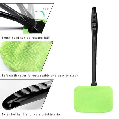 povtii Car Windshield Cleaning Tool, Microfiber Auto Window Cleaner Set with 4 Washable and Reusable Cloth Pad, Long Handle Glass Wiper Cleaning Kit with Spray Bottle, Car Accessories