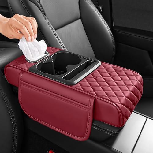 5 in 1 Car Center Console Cover, Armrest Pad with 2 Storage Pockets, Cup Holder, Tissue Box Slot, Phone Holder, Universal Car Interior Organizer (Burgundy) - color: Burgundy