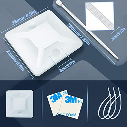 HUASAI 4/5" 100 Pack Zip Tie Mount With Cable Ties,Self Adhesive-backed Mounts for Wire Holder, White Cable Management Clips Wall Anchors - color: White