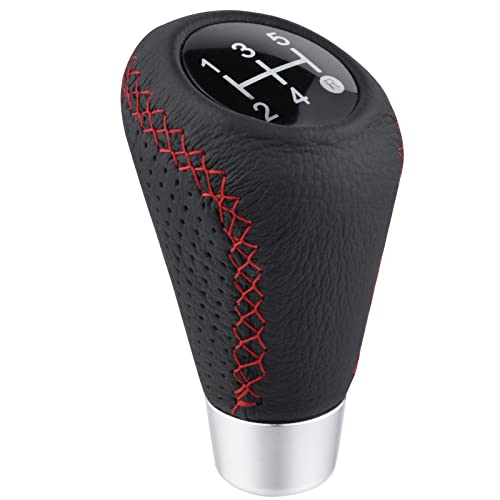 Shifter Knobs 5 Speed Car Gear Stick Leather Shifter Lever Handle Fit Most Manual Vehicle, Black Leather - color: Black with red stitching