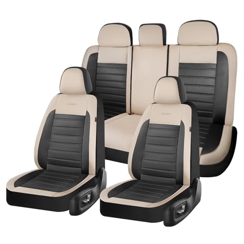 Coverado Car Seat Covers Full Set, Luxury Leather Car Seat Covers, Automotive Front and Rear Mesh Seat Covers, Full Set 5 Seats, Black Beige Seat Covers for SUV Sedan Truck - color: Beige&Black, size: Fullset