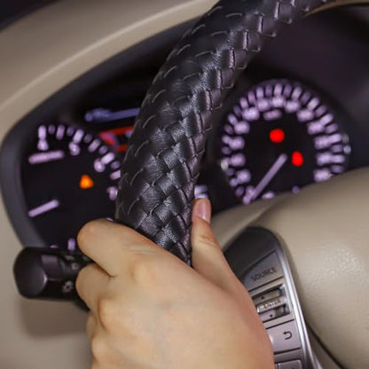 Carwales Car Leather Steering Wheel Cover Men Luxury Black Hand-Made Wrap Hand Woven Universal 14.5-15 Inch - color: Black