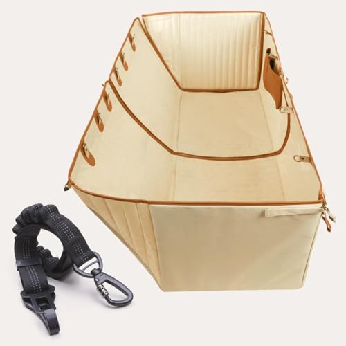 Owleys Back Seat Cover for Dogs with Bungee Dog Seat Belt, Waterproof 600D Oxford Pet Hammock for Car, SUV & Trucks, Premium Faux Leather Accents, Universal Fit, Beige for Summer - color: Beige Set