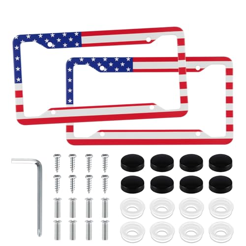 LivTee American Flag License Plate Frames, 4 Holes Stainless Steel License Plate Covers, 2PCS License Plate Holder, Automotive Exterior Accessories,Red & Blue - color: Flag Red & Blue