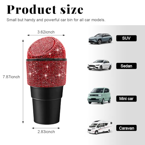 Yourkar Bling Car Trash Can with Lid, Sparkling Crystal Auto Garbage Can with Leak-Proof Lid, Multipurpose Waterproof Trash Bin for Automotive Home Office Kitchen Bedroom (Red) - color: Red