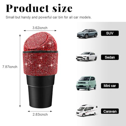 Yourkar Bling Car Trash Can with Lid, Sparkling Crystal Auto Garbage Can with Leak-Proof Lid, Multipurpose Waterproof Trash Bin for Automotive Home Office Kitchen Bedroom (Red) - color: Red