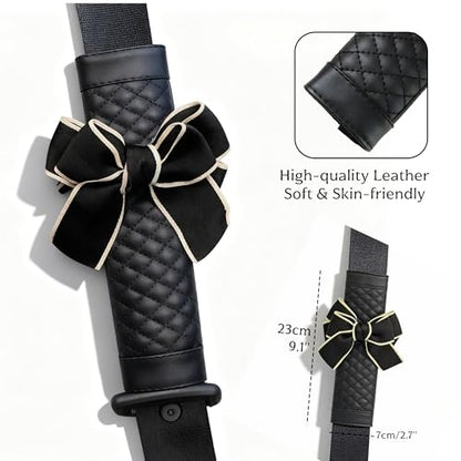 Cute Bow Leather Car Seat Belt Cover Pads,2 Pcs & 4 Pcs Seat Belt Cover for Shoulder, Seatbelt Cushion, Car Seat Strap Pads, Seatbelt Covers for Women (Black,2) - color: Black