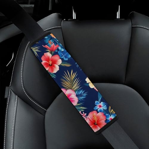 Fashion Car Seat Belt Covers Soft Cushion Pad Car Shoulder Strap Harness Pad Tropical Hawaiian Colorful Hibiscus Flowers - color: Color853