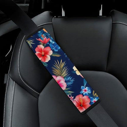 Fashion Car Seat Belt Covers Soft Cushion Pad Car Shoulder Strap Harness Pad Tropical Hawaiian Colorful Hibiscus Flowers - color: Color853